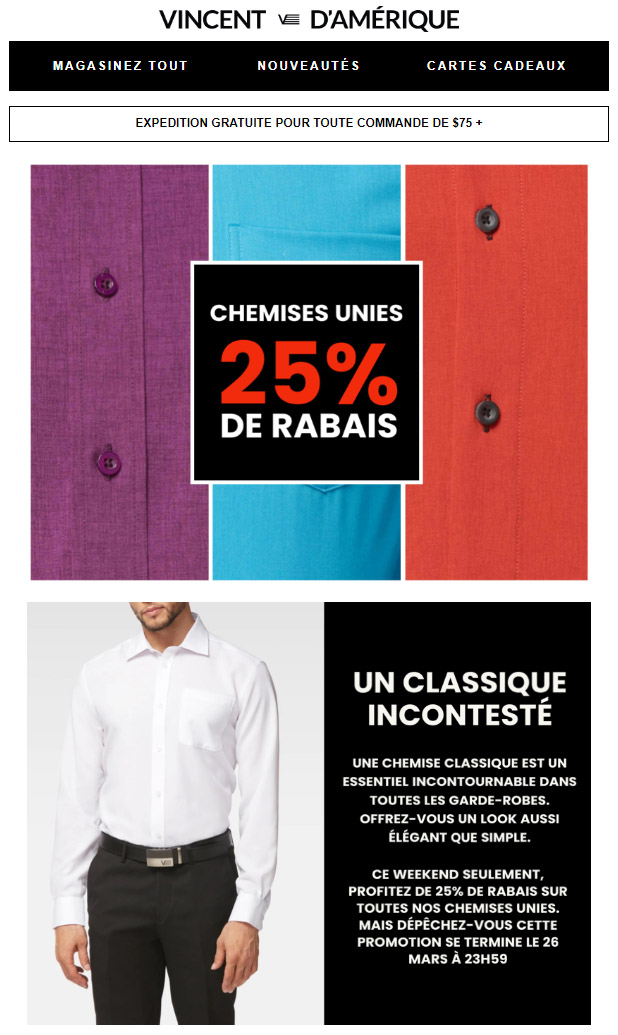 Promo Éclair: Chemise Unies 25%