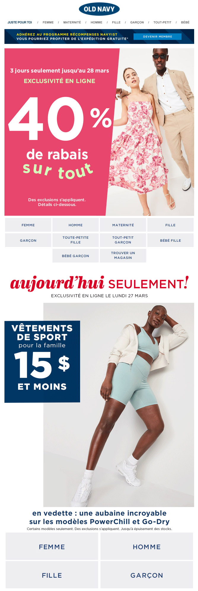 Profitez de ces Aubaines sur les Articles de Sport à 15 $ et moins (Aujourd’hui Seulement!) + 40 % DE RABAIS SUR TOUT!