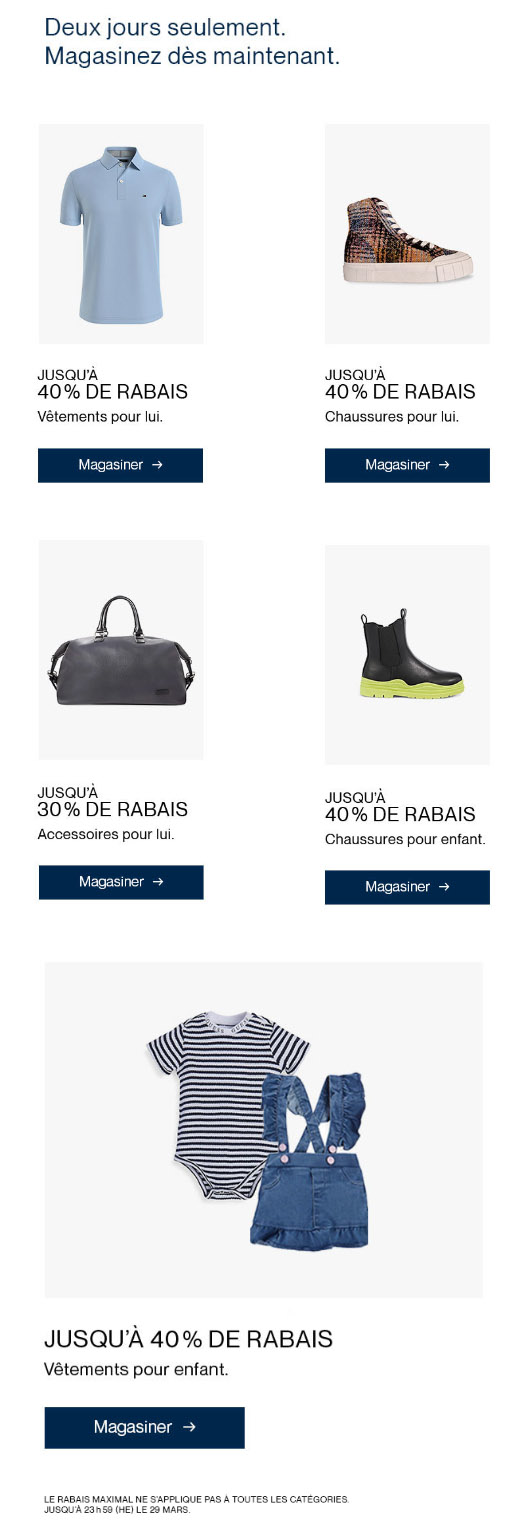 ATTENTION : Jusqu'à 40 % sur des Vêtements pour Homme et Enfant et bien plus