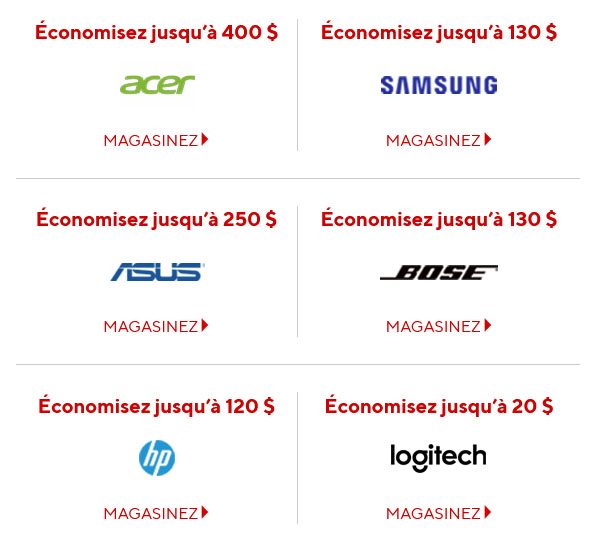 Jusqu’à 200 $ de rabais sur les plus GRANDES marques de technologie chez Bureau en Gros
