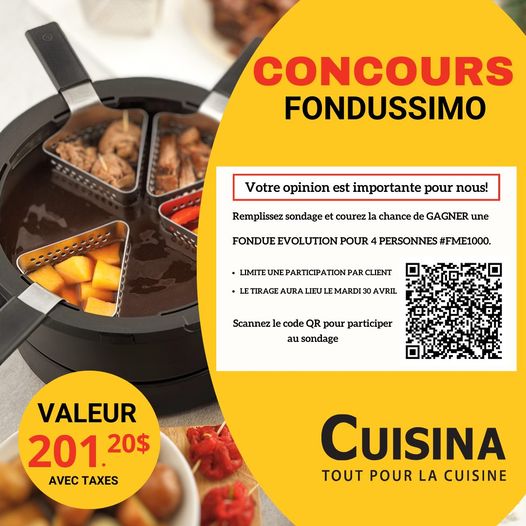 Concours Cuisina - Gagnez une FONDUE EVOLUTION POUR 4 PERSONNES!