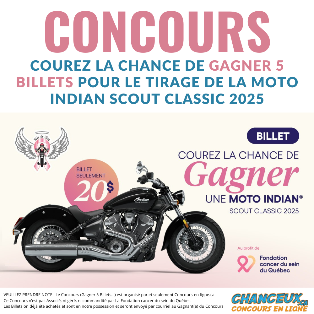 Concours Gagnez 5 Billets pour le Tirage de la Moto Indian Scout Classic 2025 de la Fondation Cancer du Sein du Québec
