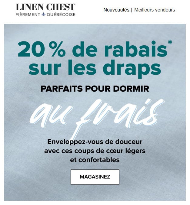 20% de rabais sur les draps légers et plus