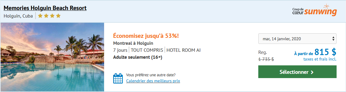 Sunwing - Vendredi Fou - Memories Holguin Beach Resort